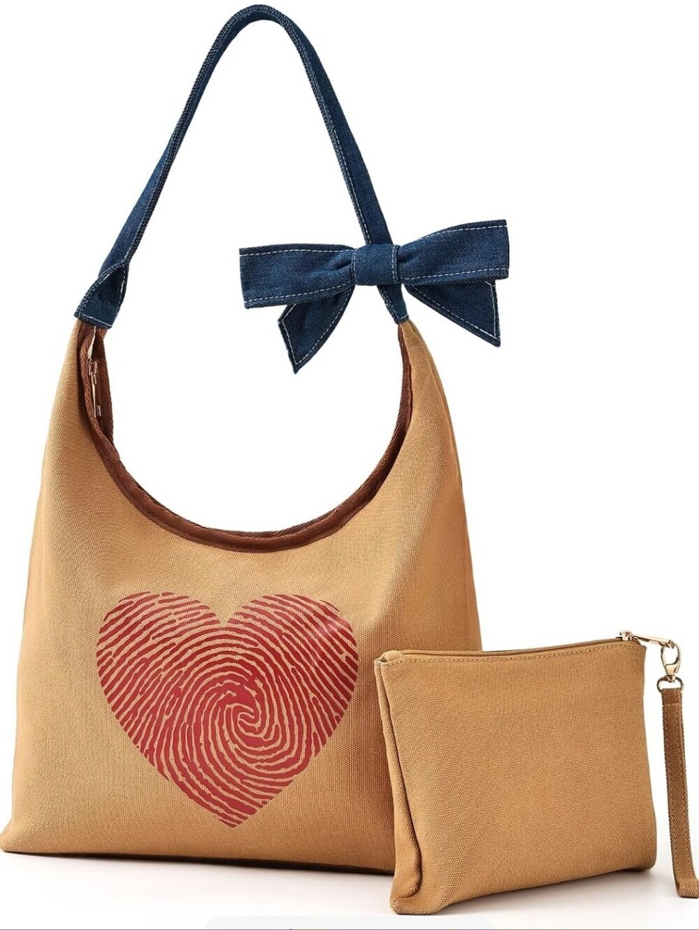 Canvas Heart Print Shoulder Bag with Denim Bow - Tan & Red